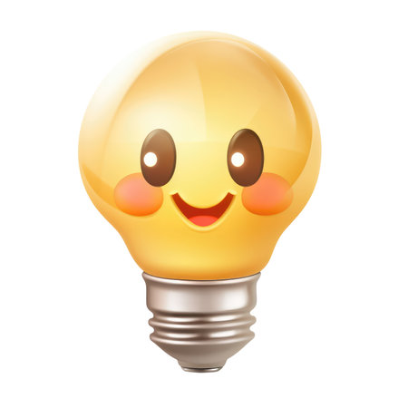 3d cartoon style minimal yellow smiling cute light bulb icon. Idea, solution, business, strategy concept on isolated transparent background png. Generative AI.の素材