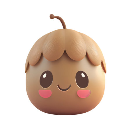 3d icon cute Ripe smiling acorn kawaii, oak tree, autumn fruit, symbol of autumn, thanksgiving day illustration cartoon style on Isolated Transparent png background. Generative AI.の素材