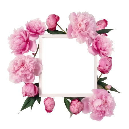 White Mockup wooden summer frame decorated with pink spring peonies flowers, empty space for text isolated on transparent png background Generative ai.の素材