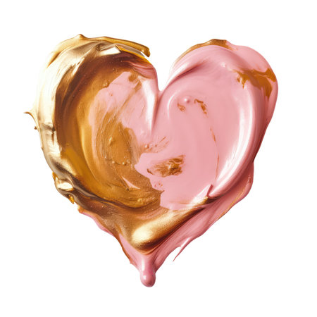 Abstract lipstick smudge or color pink gold paint heart shape impasto texture isolated background transparent png. Generative AI. Beauty makeup wedding product swatch and love Valentine concept.の素材