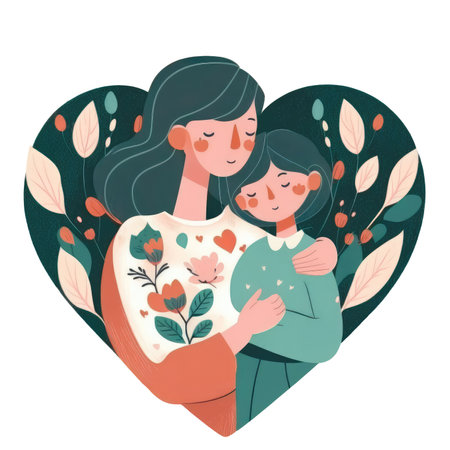 Little girl hug her mother with love in heart frame. Mom and daughter love as family greeting card. Mothers day concept media isolated transparent png. Generative AI.の素材