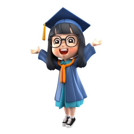3D icon people cartoon young woman jumping while holding diploma graduation character illustration isolated background transparent png. Generative AI.の素材