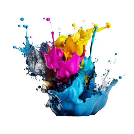 Splash of CMYK paint splashing Cyan, Magenta, Yellow, Black isolated background transparent png. Generative AI.の素材