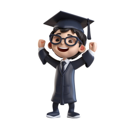 3D icon people cartoon kawaii young man jumping while holding diploma graduation character illustration isolated background transparent png. Generative AI.の素材