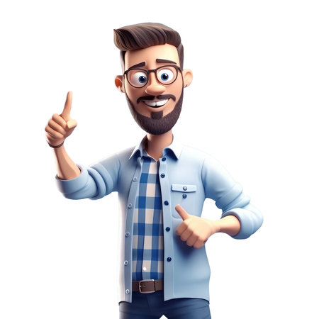 3D icon people kawaii cartoon of a smiling man points with index finger. Bright portrait of a teenage character isolated background transparent png. Generative AI.の素材