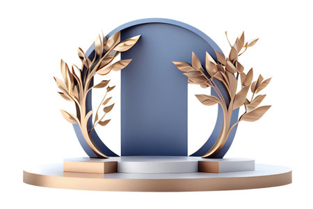 A front view of blue and gold mockup podium 3D for the presentation of cosmetic products decorated isolated background transparent png. Generative AI.の素材