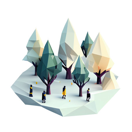 3d cute icon Winter tree cartoon isometric christmas illustration tiny people on floating island low poly style isolated Transparent background png. Generative AI.の素材