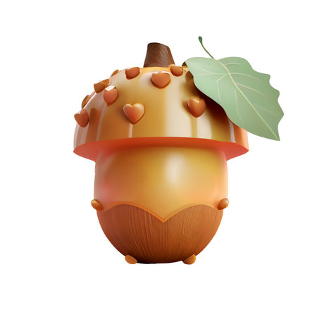 3d icon cute Ripe smiling acorn kawaii, oak tree, autumn fruit, symbol of autumn, thanksgiving day illustration cartoon style on Isolated Transparent png background. Generative AI.の素材