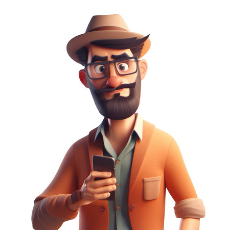 3D icon avatar cartoon hipster character, stylish smiling man with beard with phone, people close up portrait on isolated on transparent png background. Generative AI.の素材