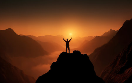 silhouette of the winner on the top of the mountain mountain top. Sport and active life concept. Generative AIの素材