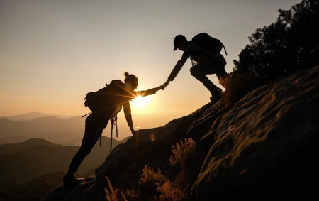 Help and assistance concept. Silhouettes of two people climbing on mountain and helping. Generative AI.の素材
