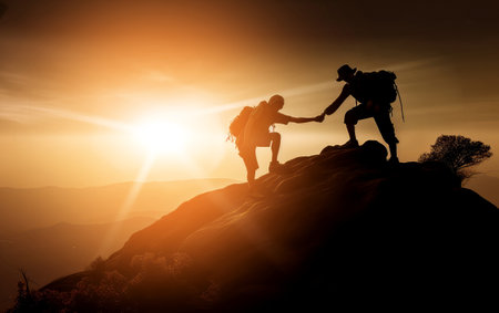 Help and assistance concept. Silhouettes of two people climbing on mountain and helping. Generative AI.の素材