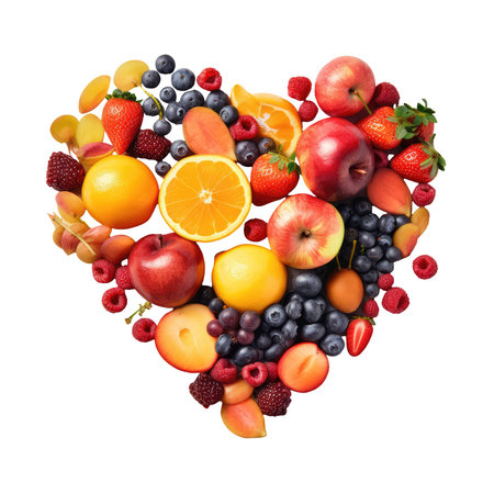 Different fruits lie on white background in the shape of a heart. Orange, strawberry apple, strawberry and different berries. Top view isolated on transparent png background Generative ai.の素材