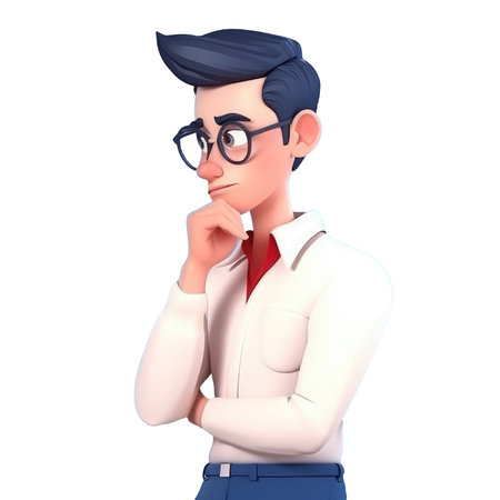 3D icon avatar cartoon hipster character, stylish pensive man with beard, cartoon close up portrait on isolated on transparent png background. Generative AI.の素材