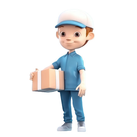 3d icon cute. Smiling cartoon man in uniform standing with parcel, boxes, delivery, transportation, transportation to customer, Parcel delivery and postal service concept character isolated background transparent png. Generative AIの素材