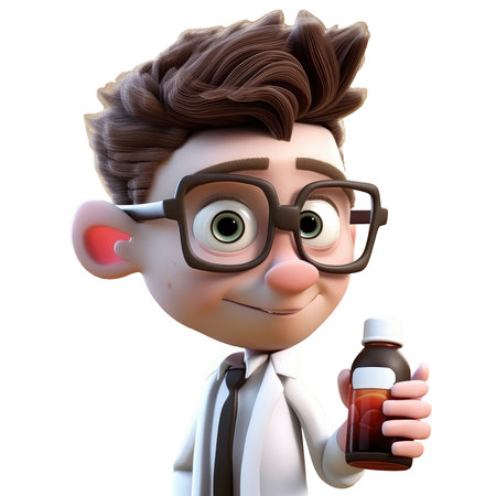 Young smiling man doctor holding pills, medical specialist Medicine concept. Cute 3d icon people character illustration. Cartoon minimal style on isolated transparent background png. Generative AI.の素材