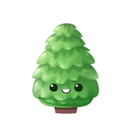 Christmas tree icon kawaii in cartoon style. Xmas or New Year's decorative element low poly rendering on Isolated Transparent png background. Generative AI.の素材