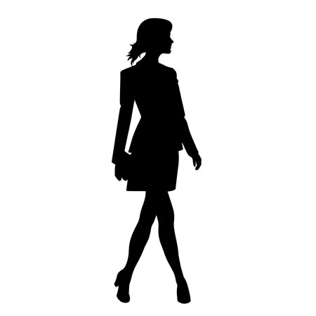 silhouette people of a slim young casual woman full length profile standing, black color isolated on transparent png background Generative ai.の素材