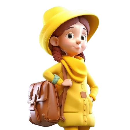 3D icon avatar woman cartoon with a backpack cute character Young female traveler in yellow hat with a laggage Traveling concept on Isolated Transparent png background. Generative AI.の素材