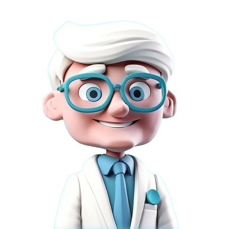 Young smiling old man doctor with glasses, medical specialist Medicine concept. Cute 3d icon people character illustration. Cartoon minimal style on isolated transparent background png. Generative AI.の素材