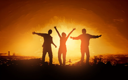 A group of successful young people hold hands at sunset, together they raise their upper hand. Successful team and team building concept. Generative AIの素材