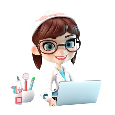 Young smiling woman doctor with glasses, medical specialist Medicine concept. Cute 3d icon people character illustration. Cartoon minimal style on isolated transparent background png. Generative AI.の素材