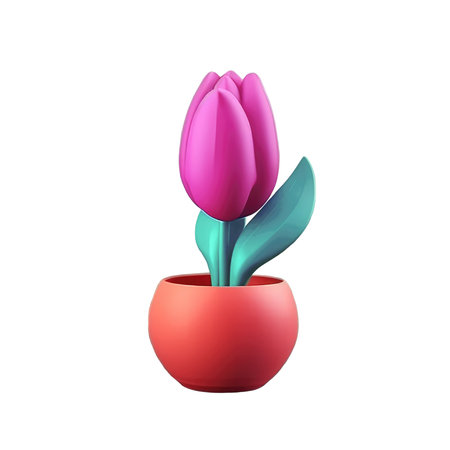 Tulip flower 3d icon illustration on stem with leaves with different blossom shape in pink color isolated on transparent png background Generative ai.の素材