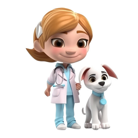 3D icon cute Young veterinarian woman with dog cartoon style on Isolated Transparent png background. Generative AI.の素材