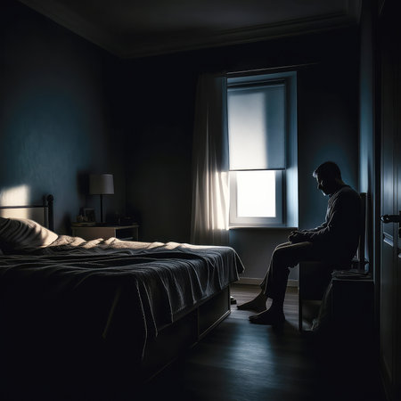 Lonely male silhouette sitting and looking on chair at home, depression and anxiety disorder concept. Generative AI.の素材