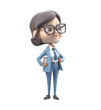 3d icon cute Young smiling business woman or office worker stands and holds work documents folder. people character illustration. Cartoon minimal style on Isolated Transparent png background. Generative AI.の素材
