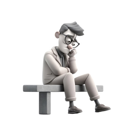 3d icon illustration lonely stress man sitting young subdued male character sad thoughts. Depressed man concept on Isolated Transparent png background. Generative AI.の素材