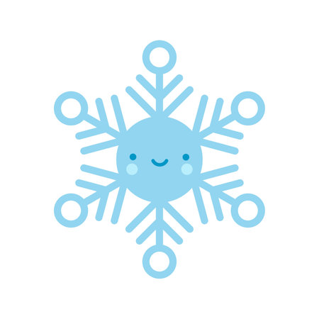 Cute blue vector snowflake emoji icon in cartoon style. Adorable snow flake smiley character. Funny Christmas doodle.のイラスト素材