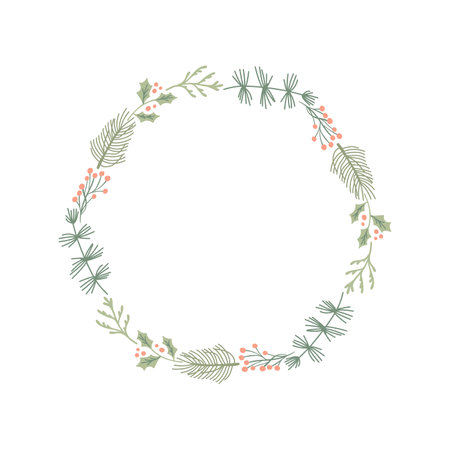 Round Christmas vector Flower and berries wreath. Frame with leaves for winter holiday. Isolated Elements for the design with place for text.のイラスト素材