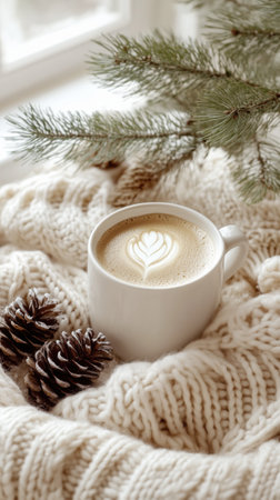 A cup of latte stands on a knitted white scarf with pine cones. Vertical picture stories.の素材