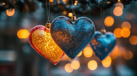 Three love hearts hanging on fir tree branch. Christmas winter Scandinavian atmosphere. Panorama banner format.の素材