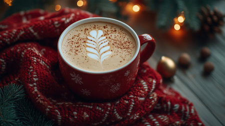 Delicious hot coffee in a red mug. The mug stands on a knitted warm blanket. Christmas Winter Mood. Scandinavian cozy panorama banner.の素材