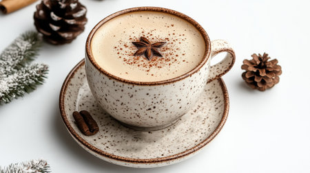 Delicious hot coffee in a white mug. The mug stands on a knitted warm blanket and cones. Christmas Winter Mood. Scandinavian cozy panorama banner.の素材