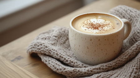 Cup of latte stands on knitted white scarf. Christmas winter cozy Scandinavian panorama banner.の素材