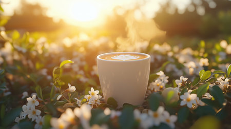 A cup of coffee is sitting on a wooden table with flowers in the background. The sun is shining through the window, creating a warm and inviting atmosphereの素材