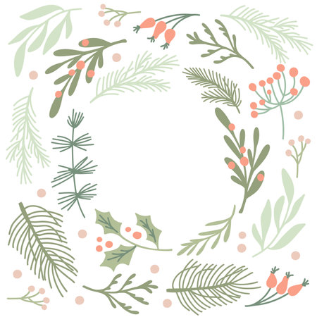 Christmas foliage, including holly, berries, and fir branches, creates a festive border on a white background, providing ample space for holiday greetings or design elementsのイラスト素材