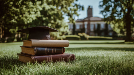 Graduation concept mortarboard and diploma resting on stack of books a graduation cap in university campus.の素材