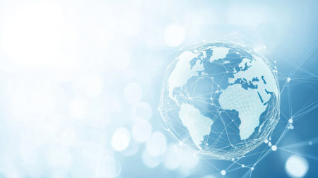 Abstract digital globe and network connections on a light blue background, representing global connectivity, technology, online communication, or world market trends with copy spaceの素材