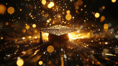 Black graduation cap with golden sparkles on golden glittering surface with festive bokeh effect celebrating academic achievement and culmination of years of studyの素材