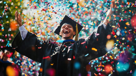 Joyful graduate wearing a graduation cap and gown laughs exuberantly amidst a shower of colorful confetti, celebrating academic achievement and a bright futureの素材