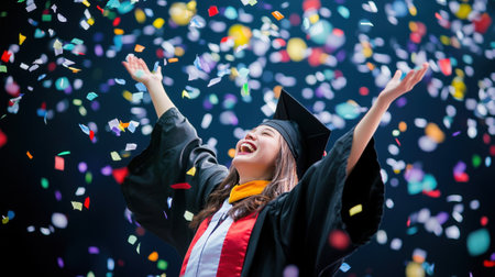 Joyful graduate wearing a graduation cap and gown laughs exuberantly amidst a shower of colorful confetti, celebrating academic achievement and a bright future, education conceptの素材