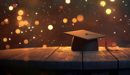 Black graduation cap placed on a wooden table under a festive bokeh effect, representing academic achievement, graduation ceremony, and the culmination of educational efforts, education conceptの素材