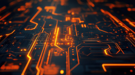 Complex network background of circuits and nodes illuminating with vibrant blue energy, symbolizing data flow and advanced technology in a futuristic settingの素材