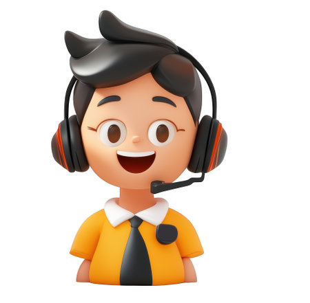 3d cute icon young man call center agent with headset. Smiling cartoon operator in headphones with mic working in office talk with client on isolated on transparent png backgroundの素材