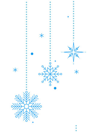 Minimalist blue snowflakes hanging from dotted lines on a clean white background evoke a festive winter atmosphere, perfect for christmas or holiday-themed designsのイラスト素材