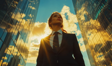 Businesswoman in suit and tie standing between skyscrapers at sunset and looking up with clouds reflecting in the glass buildings. Panorama bannerの素材
